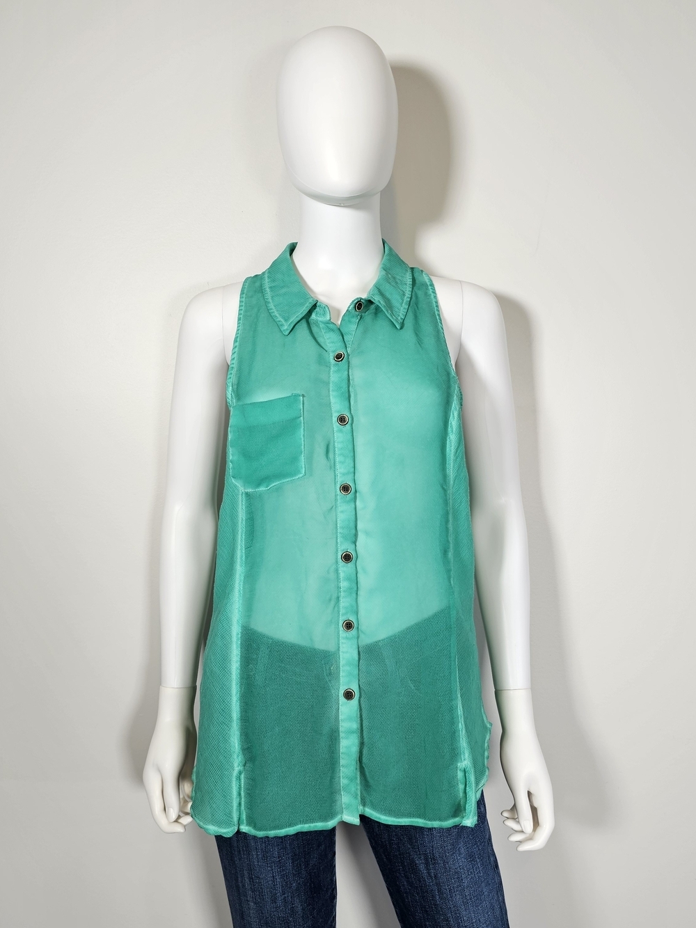 We The Free Green Sheer Button-Up Collared Tank Sz S